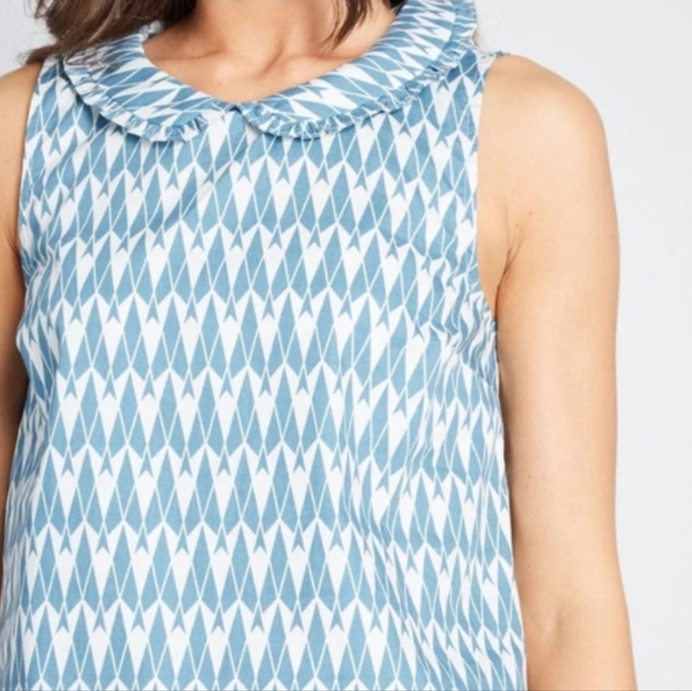 Modcloth Women Sleeveless Top Blue Pattern Peter Pan Collar Cotton Medium Twee